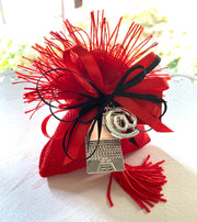 bomboniera sacchetto in yuta rossa completo di confezione di confetti, nastrini, bigliettino stampato ed applicazione ciondolo set informatica. Bomboniera realizzata per una laurea in informatica.